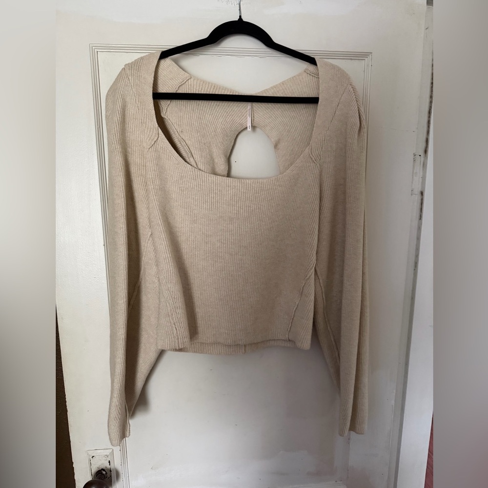 Free People Cream Ribbed Knit Sweatshirt